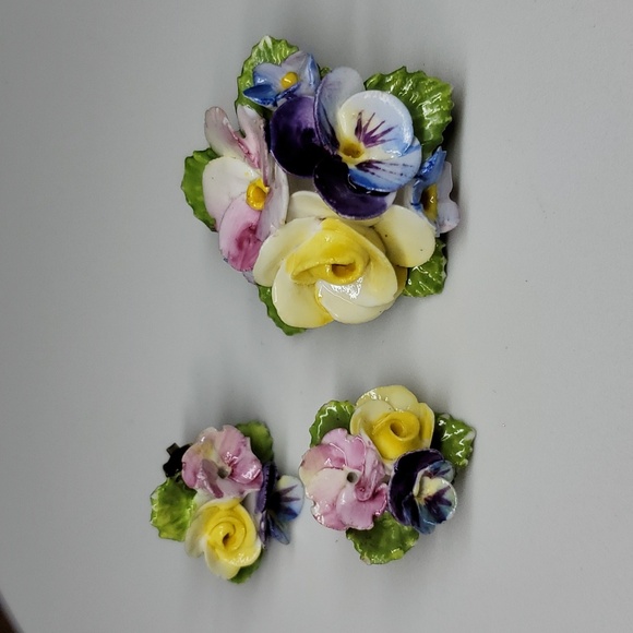 Bone China Brooch & Earrings Set England Vintage Porcelain Floral Bouquet Flower - Picture 7 of 10